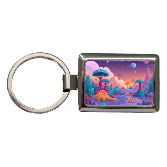 Fantasy Alien Planet Dinosaurs Colorful Rectangle Metal Keychain