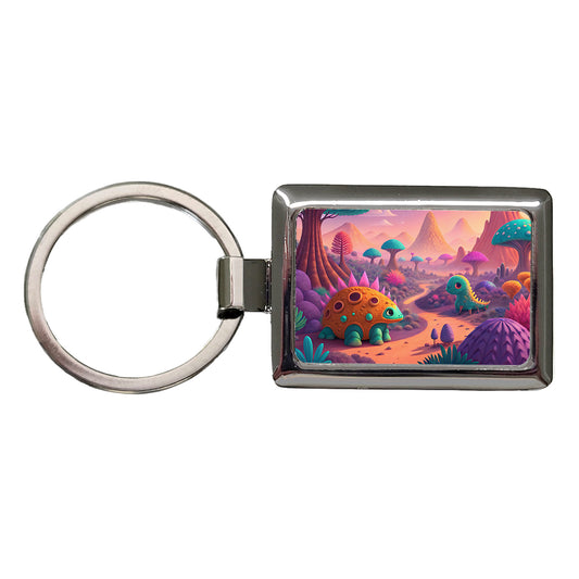 Fantasy Alien Planet Dinosaurs Rectangle Metal Keychain