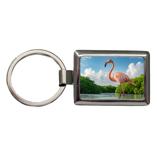 Flamingo Bird Standing In Water Rectangle Metal Keychain