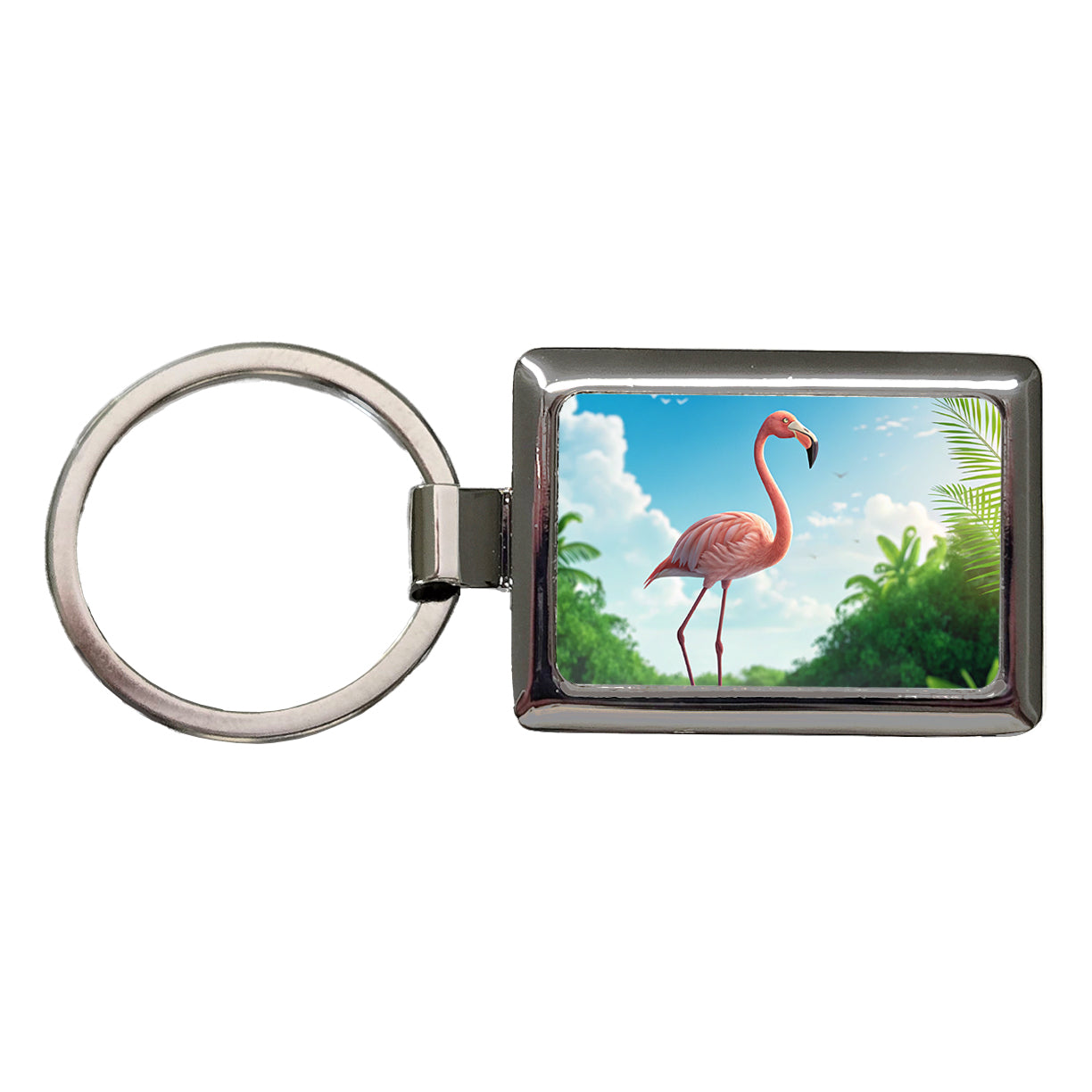 Flamingo Pink Bird In Water Rectangle Metal Keychain