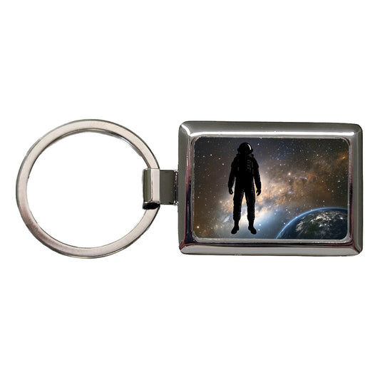 Floating Astronaut Silhouette Earth Space Rectangle Metal Keychain