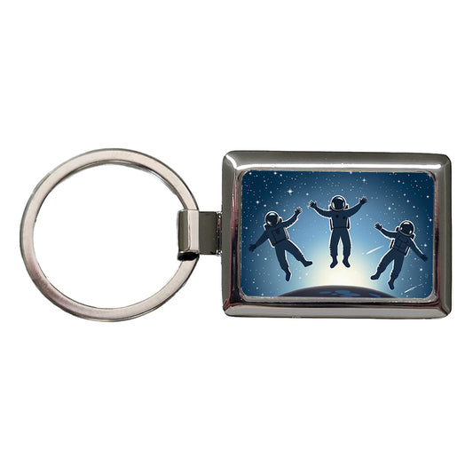 Floating Astronaut Silhouettes Space Rectangle Metal Keychain