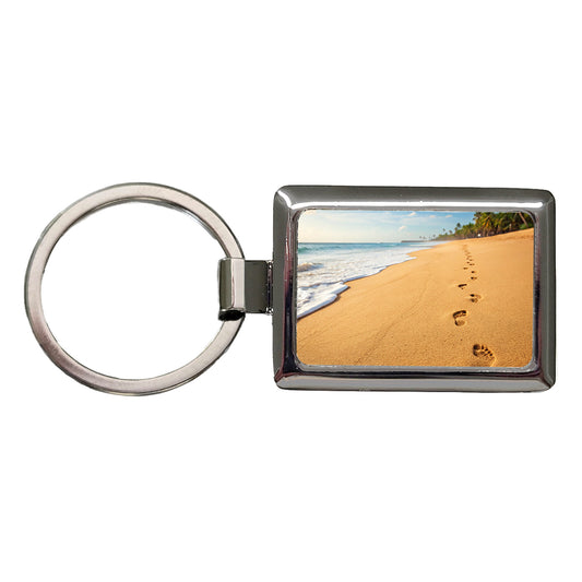 Footprints In The Sand Barefoot Beach Ocean Rectangle Metal Keychain