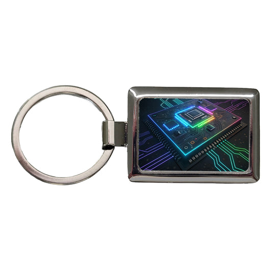 Futuristic Circuit Board Colorful Rectangle Metal Keychain