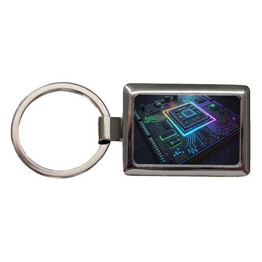 Futuristic Circuit Board Rectangle Metal Keychain