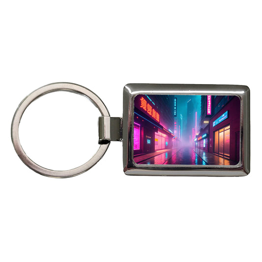 Futuristic City Alley Night Glowing Signs Misty Rectangle Metal Keychain
