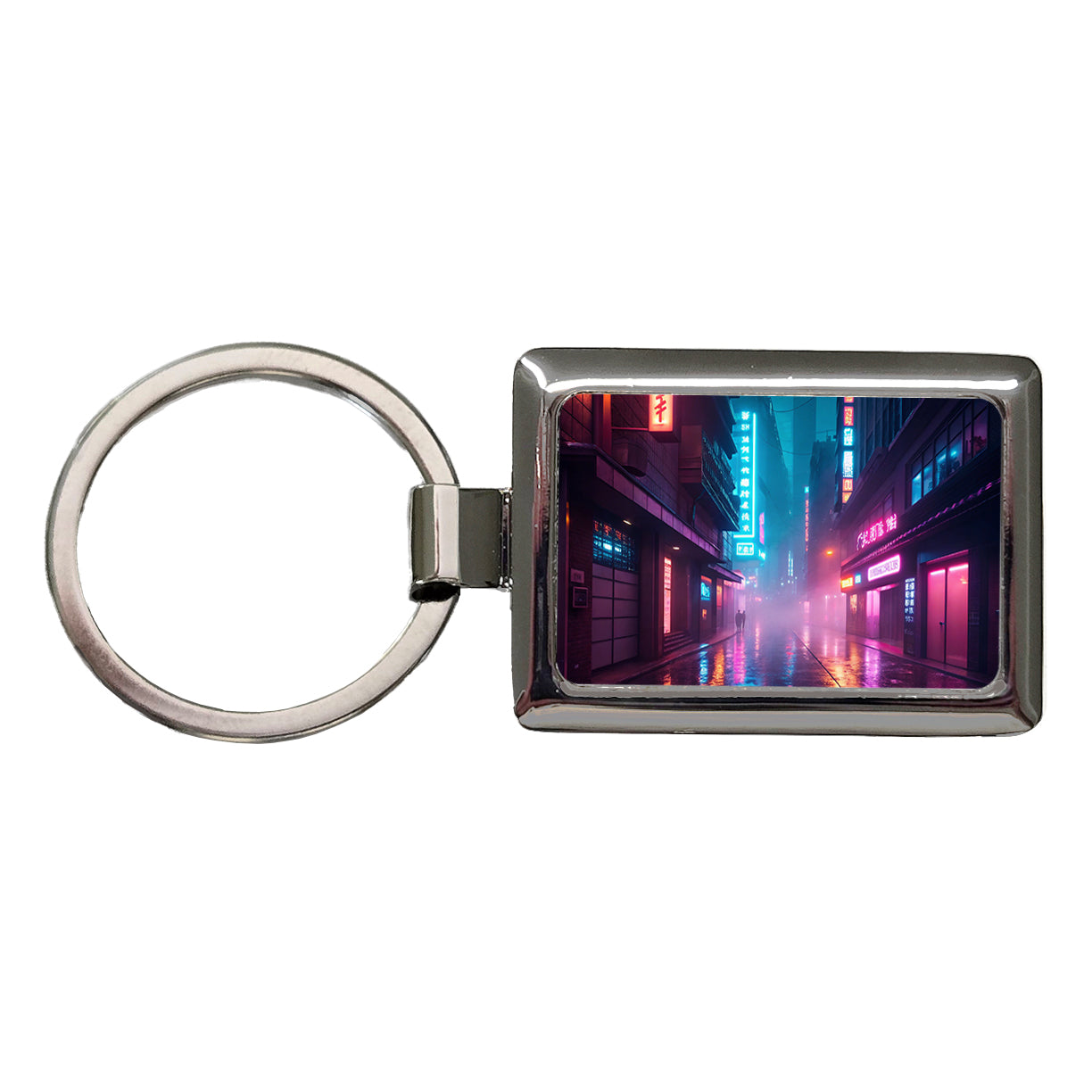 Futuristic City Alley Night Glowing Signs Rectangle Metal Keychain