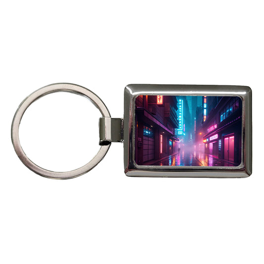Futuristic City Alley Night Glowing Signs Rectangle Metal Keychain