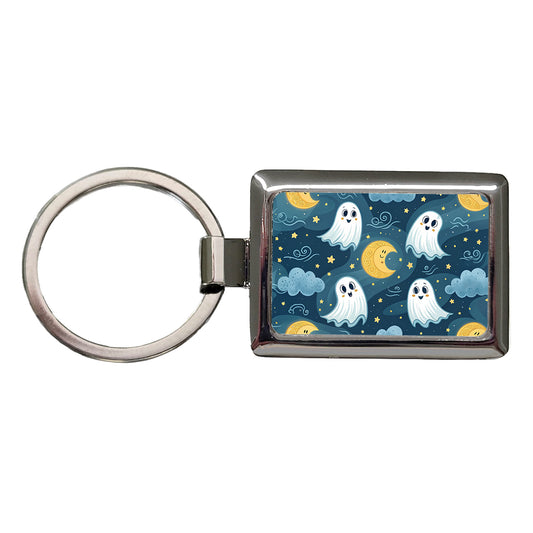 Ghosts Smiling Floating Night Sky Halloween Rectangle Metal Keychain