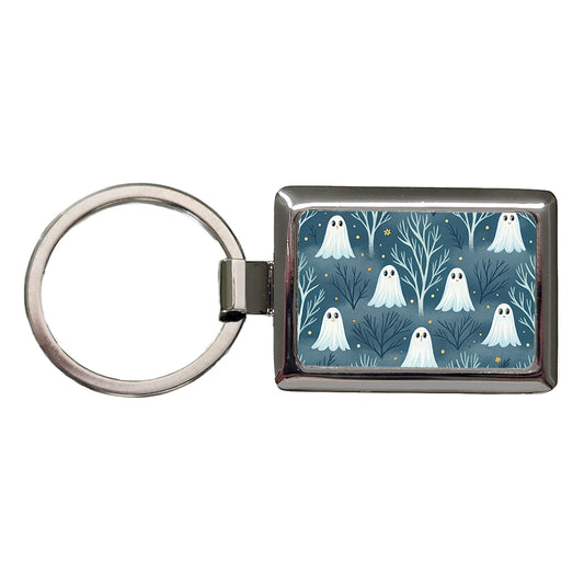Ghosts Smiling Halloween Sparse Trees Rectangle Metal Keychain