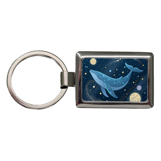 Giant Whale Floating In Space Stars Planets Rectangle Metal Keychain