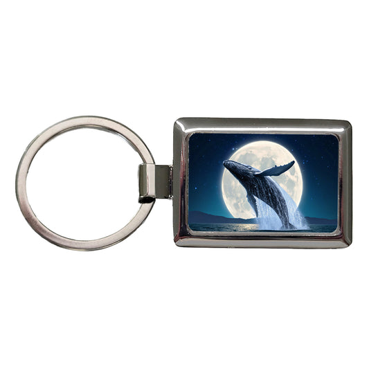 Giant Whale Leaping Over Ocean Moon Rectangle Metal Keychain