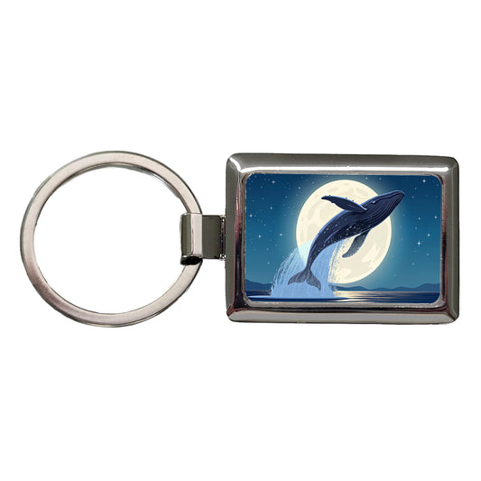 Giant Whale Leaping Over Ocean Night Rectangle Metal Keychain