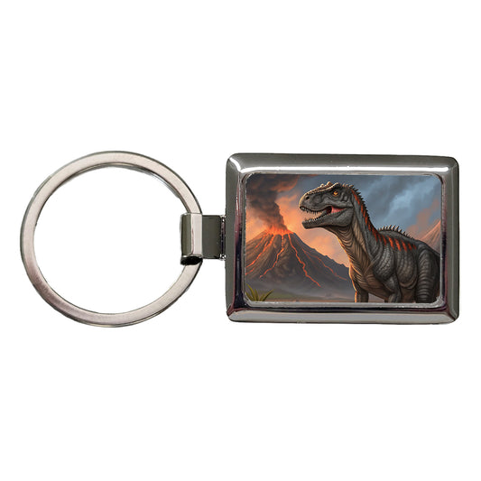 Giganotosaurus Volcano Erupting Dinosaur Rectangle Metal Keychain