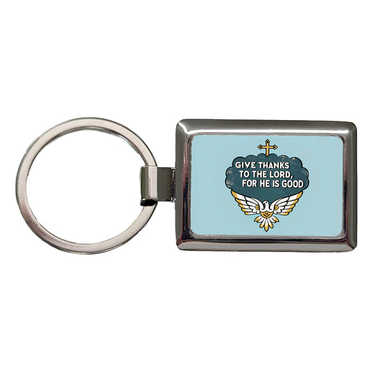 Give Thanks To The Lord For He Is Good Psalm Bible Verse Blue Rectangle Metal Keychain