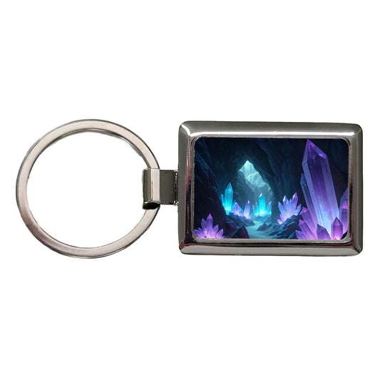 Glowing Crystals Dark Cavern Cool Hues Rectangle Metal Keychain