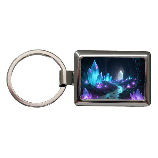 Glowing Crystals Dark Cavern Rectangle Metal Keychain
