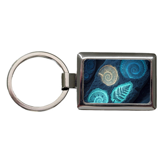 Glowing Holographic Style Fossil Imprints Rectangle Metal Keychain