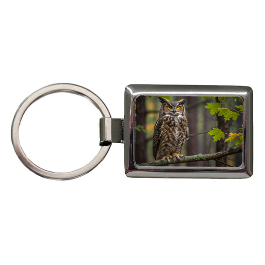 Great Horned Owl In Forest Rectangle Metal Keychain