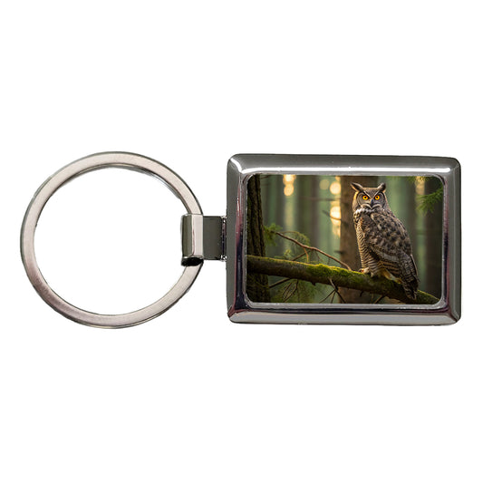 Great Horned Owl On Branch Rectangle Metal Keychain