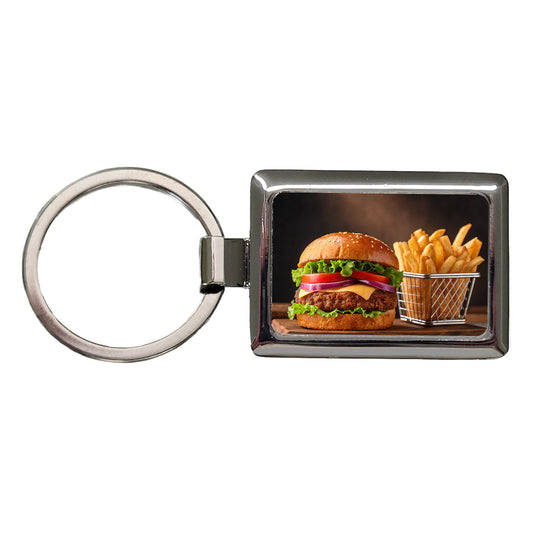 Hamburger And Fries Yummy Dinner Rectangle Metal Keychain