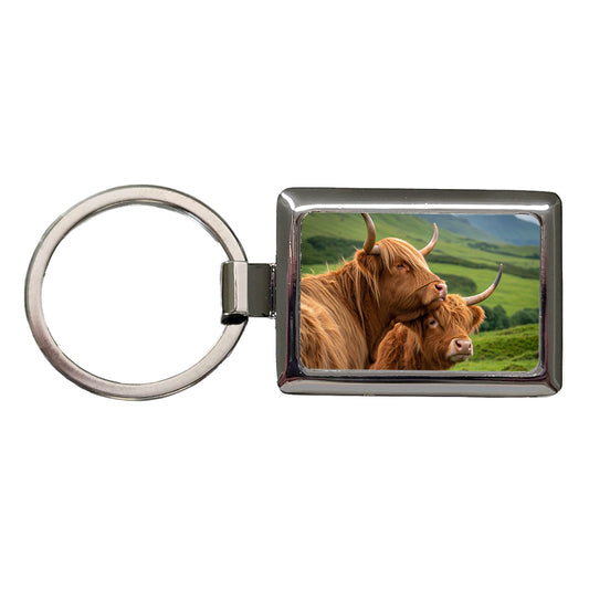 Highland Cows Hug Love Rectangle Metal Keychain