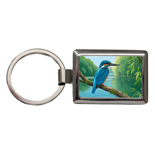 Kingfisher Bird On Branch Rectangle Metal Keychain