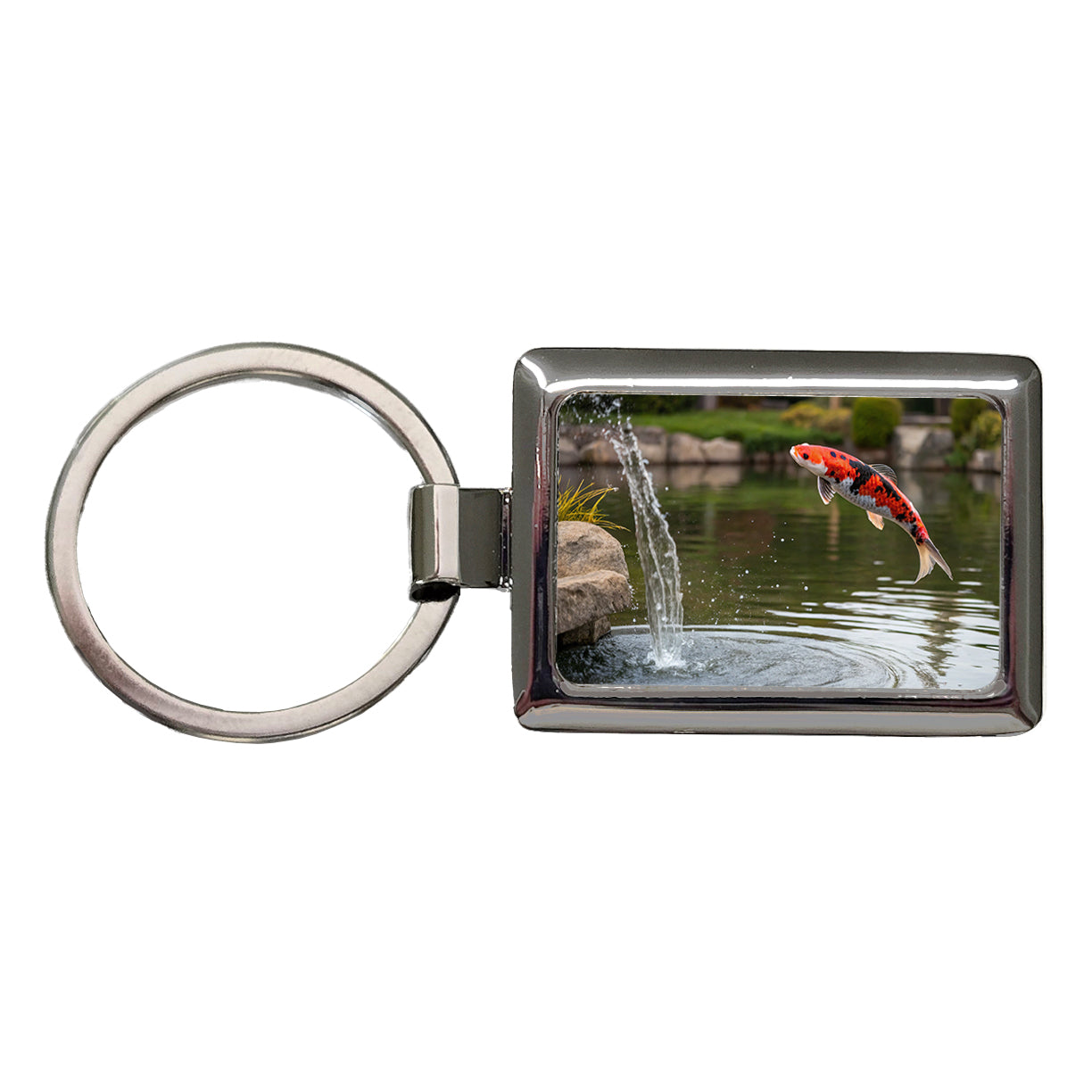 Koi Fish Jumping Out Of Pond Rectangle Metal Keychain