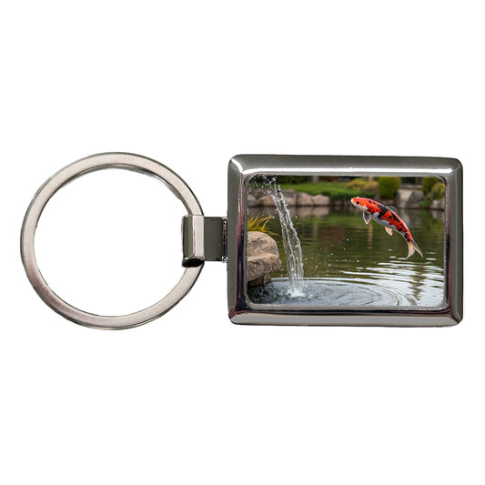 Koi Fish Jumping Out Of Pond Rectangle Metal Keychain