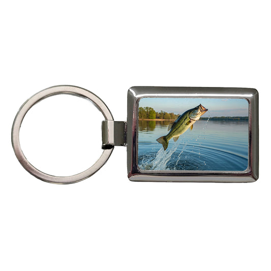 Largemouth Bass Fish Jumping Fishing Rectangle Metal Keychain