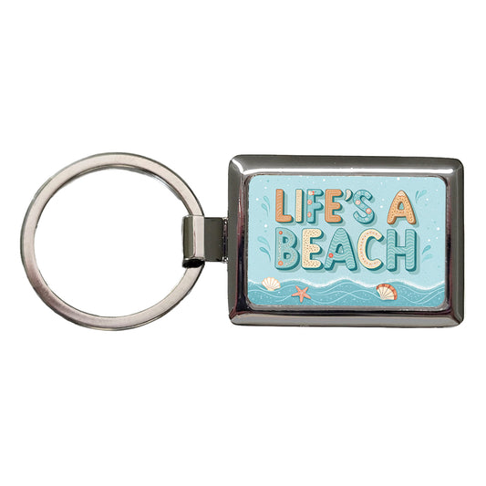 Life's A Beach Sea Foam Ocean Rectangle Metal Keychain
