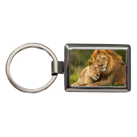 Lions Hugging Love Rectangle Metal Keychain