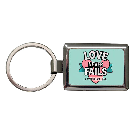 Love Never Fails Corinthians Bible Verse Rectangle Metal Keychain