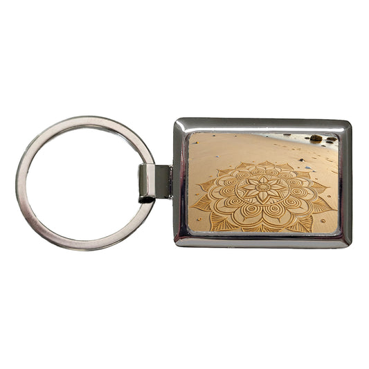 Mandala Pattern Drawn Into Beach Sand Rectangle Metal Keychain
