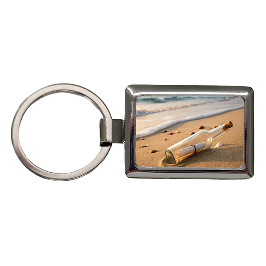 Message In A Bottle Beach Ocean Rectangle Metal Keychain