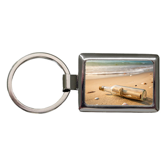 Message In A Bottle On Beach Rectangle Metal Keychain