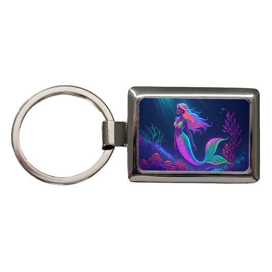 Neon Mermaid Ocean Rectangle Metal Keychain