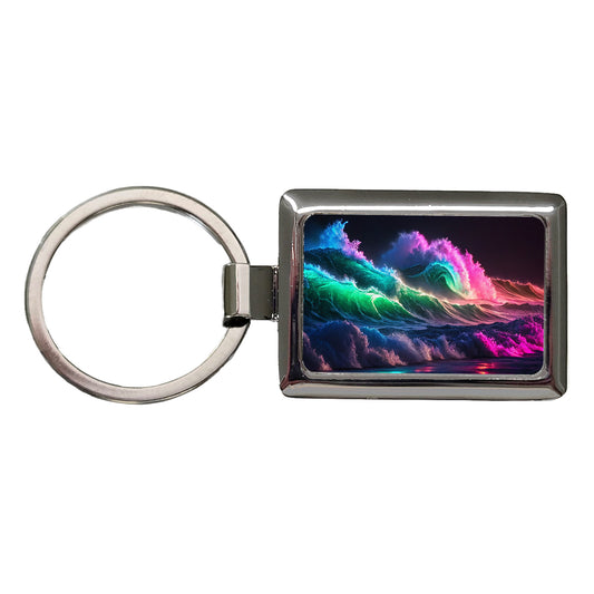 Neon Ocean Waves Beach Rectangle Metal Keychain