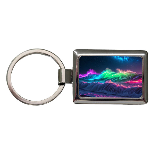 Neon Ocean Waves Night Rectangle Metal Keychain