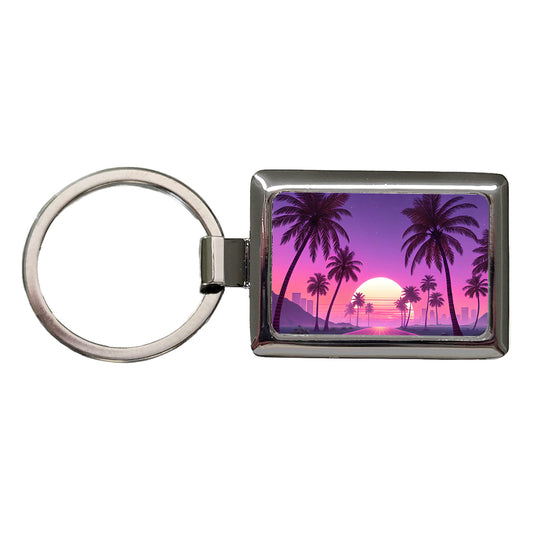Neon Pinks Purples Palm Trees Sun Setting Rectangle Metal Keychain