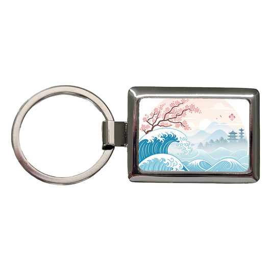 Ocean Waves Japanese Style Cherry Blossoms Rectangle Metal Keychain