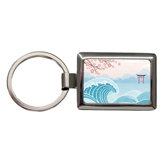 Ocean Waves Japanese Style Drawing Cherry Blossoms Rectangle Metal Keychain