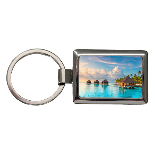 Over Water Bungalows Tropical Paradise Rectangle Metal Keychain