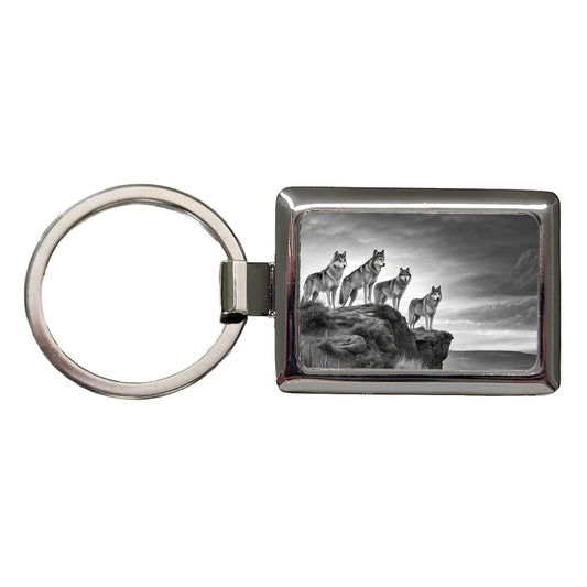 Pack Of Wolves On A Cliff Black White Rectangle Metal Keychain