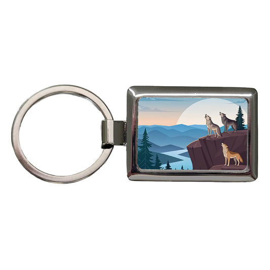 Pack Of Wolves On Cliff Drawing Rectangle Metal Keychain