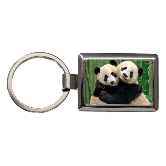 Pandas Hugging Love Rectangle Metal Keychain