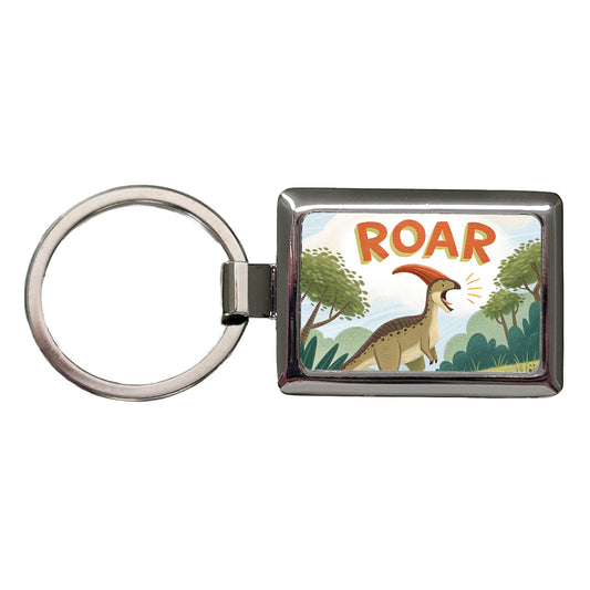 Parasaurolophus With Roar Bold Dinosaur Rectangle Metal Keychain