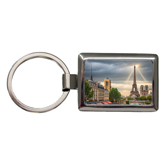 Paris France Cloudy Eiffel Tower Rectangle Metal Keychain