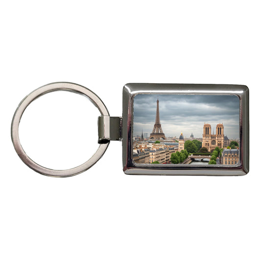Paris France Travel Eiffel Tower Notre-Dame City Rectangle Metal Keychain