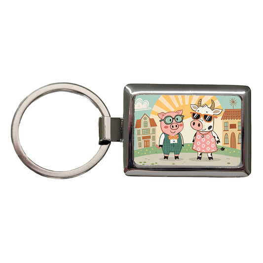 Pig And Cow Wearing Glasses Sunglasses Rectangle Metal Keychain